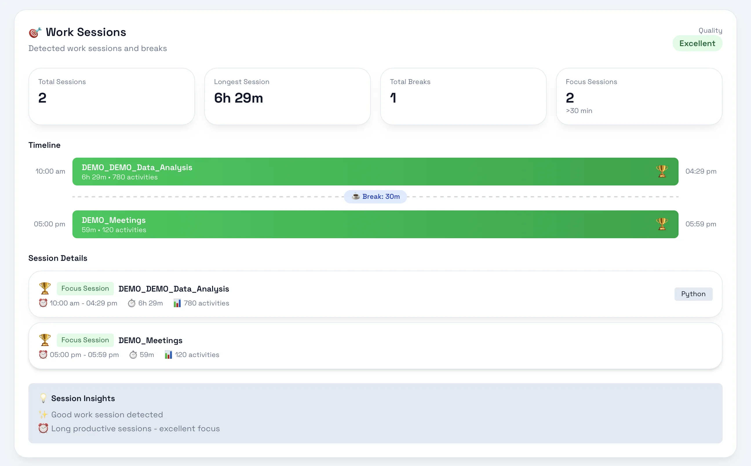 Tymflow desktop activity timeline showing total events recorded and detailed time breakdown